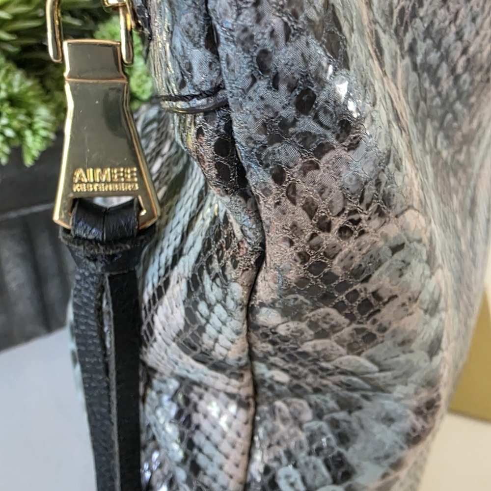 Aimee Kestenberg Snakeskin Embossed Leather Hobo Bag Gray Black Pale Blue - Picture 7 of 16